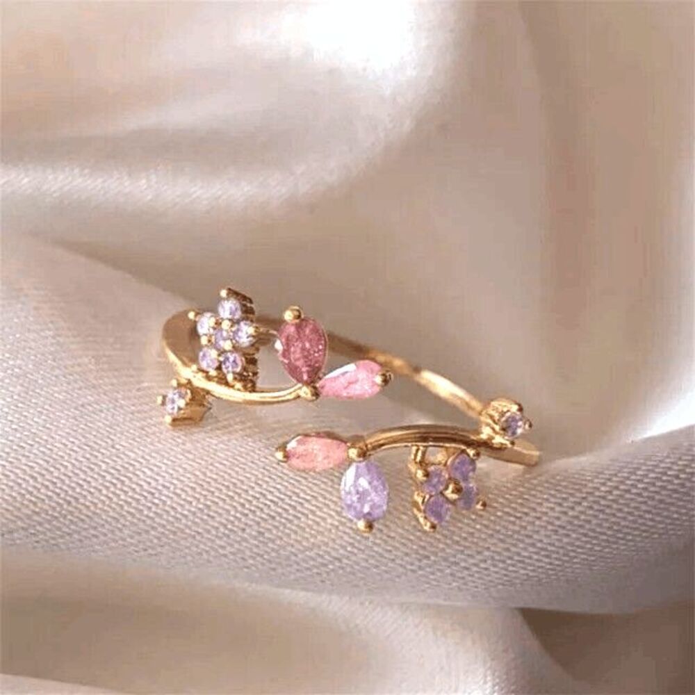 Wicked Silk Adjustable Floral Flower Crystal Rings-Pink Leaves & Purple Flowers